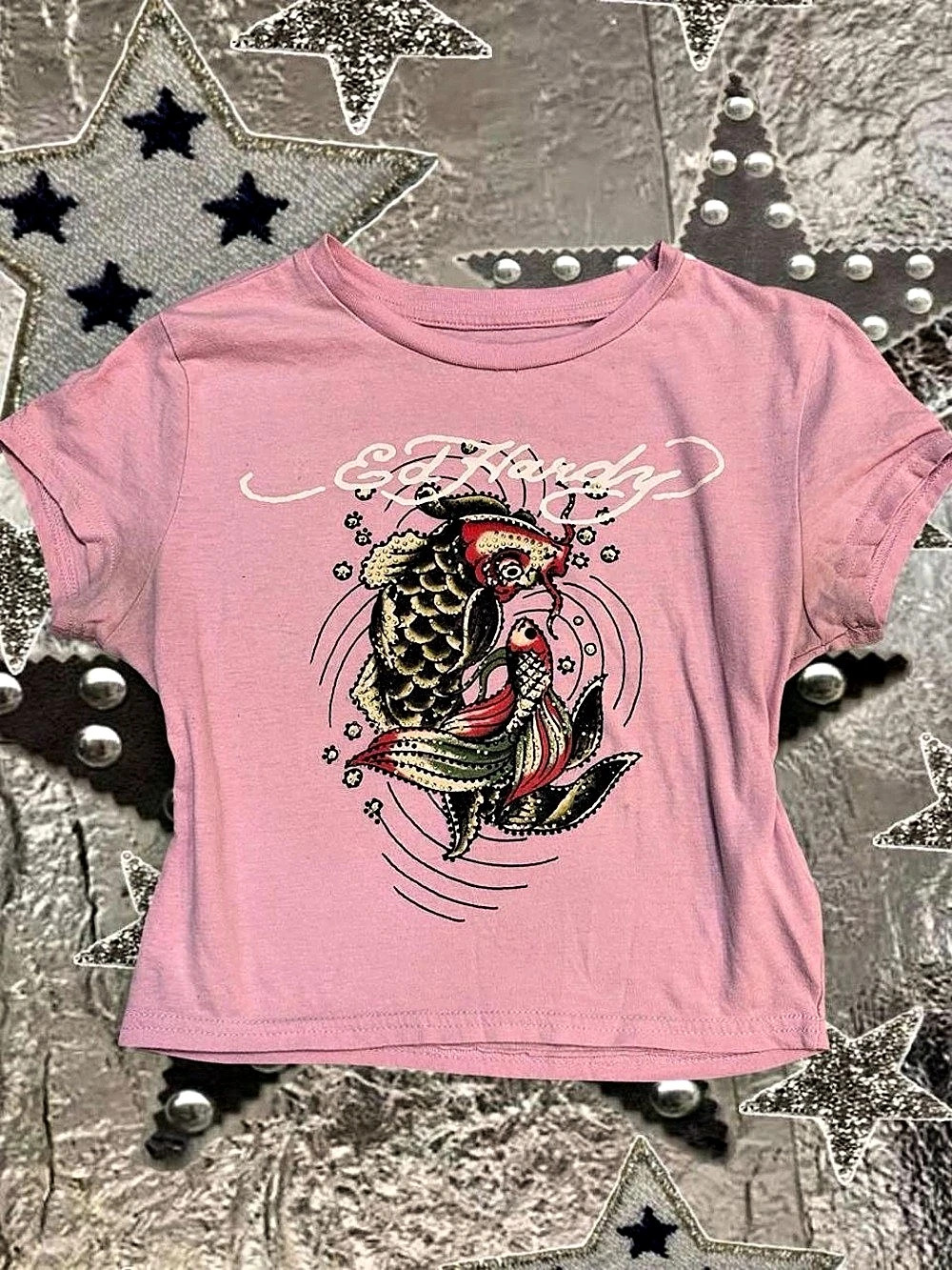 Ed Hardy Graphic Tee with Rhinestone Koi Fish Size: M